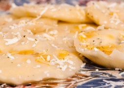 Cypriot style pasta, Pirohu, filled with dry, mature Anari cheese & sprinkled with cheese and olive oil