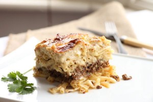 Traditional Cypriot Macaroni cheese with spiced mince and Halloumi